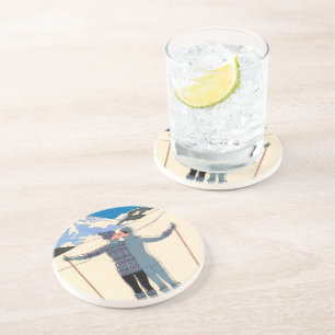 Vintage Art Deco, Lovers in Snow by George Barbier Coaster