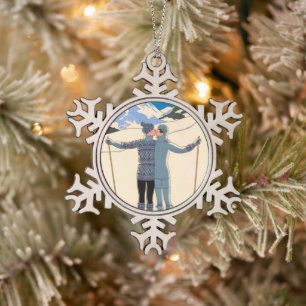 Vintage Art Deco, Lovers in Snow by George Barbier Snowflake Pewter Christmas Ornament