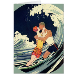 Vintage Art Deco, Lovers Kiss at the Beach