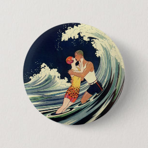 Vintage Art Deco Lovers Kiss in the Waves at Beach 2 Inch Round Button