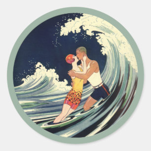 Vintage Art Deco Lovers Kiss in the Waves at Beach Classic Round Sticker