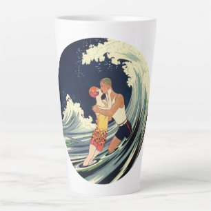 Vintage Art Deco Lovers Kiss in the Waves at Beach Latte Mug