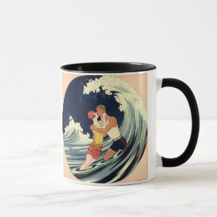 Vintage Art Deco Lovers Kiss in the Waves at Beach Mug