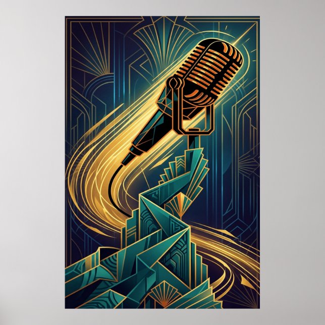 Vintage Art Deco Microphone Music Gold & Teal Poster (Front)