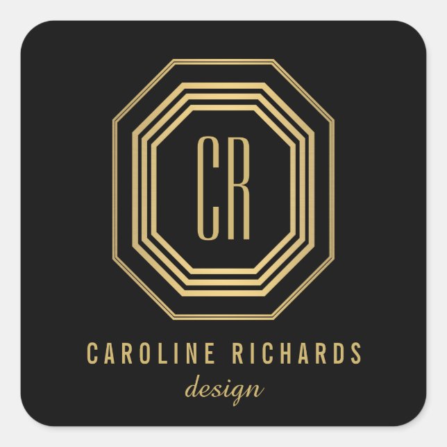 Vintage Art Deco Monogram Gold/Black Square Sticker (Front)