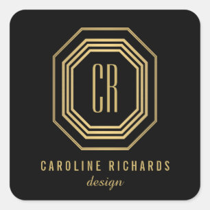 Vintage Art Deco Monogram Gold/Black Square Sticker