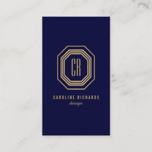 Vintage Art Deco Monogram Gold/Navy Vertical Business Card