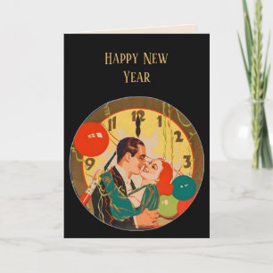 Vintage Art Deco New Year’s Eve Kiss Clock  Card