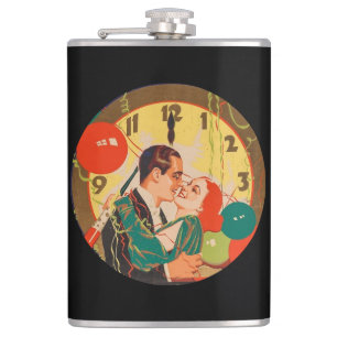 Vintage Art Deco New Year’s Eve Kiss Clock  Hip Flask