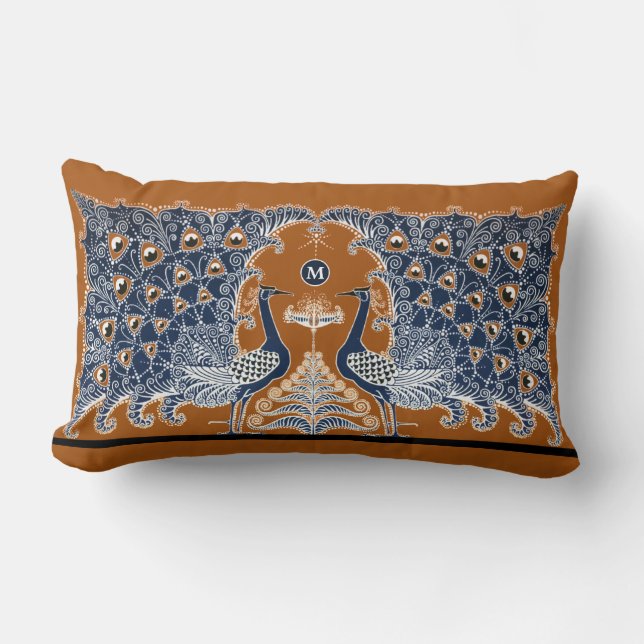 Vintage Art Deco Peacocks with Monogram Lumbar Pillow (Front)