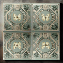 Vintage Art Deco Sage Green Botanical Butterfly Tile