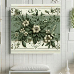 Vintage Art Deco Sage Green Flora Botanical Design Tile