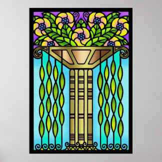 Vintage art deco stain glass floral design poster