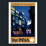Vintage Art Deco Street by Moonlight India Travel Poster<br><div class="desc">This is a digitally enhanced print of a vintage 1920 Art Deco India tourism travel poster that shows a moonlit street scene with ox cart. The text reads: "A street by moonlight. Visit India. Apply: India State Railways Bureau. 38 East 57th Street,  New York.</div>