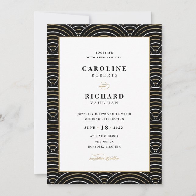 Vintage Art Deco Wedding Invitation Black Gold (Front)
