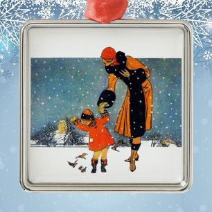 Vintage Art Deco Winter Mother and Child in Snow Ceramic Ornament