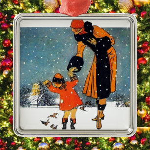 Vintage Art Deco Winter Mother and Child in Snow Metal Ornament
