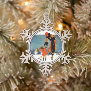 Vintage Art Deco Winter Mother and Child in Snow Snowflake Pewter Christmas Ornament
