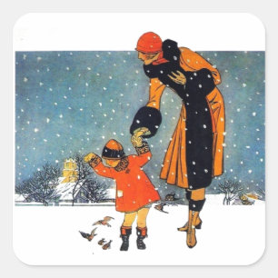Vintage Art Deco Winter Mother and Child in Snow  Square Sticker