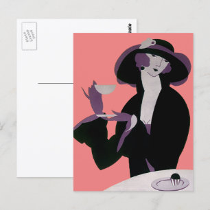 Vintage Art Deco Woman, Afternoon Tea and Cupcake Postcard