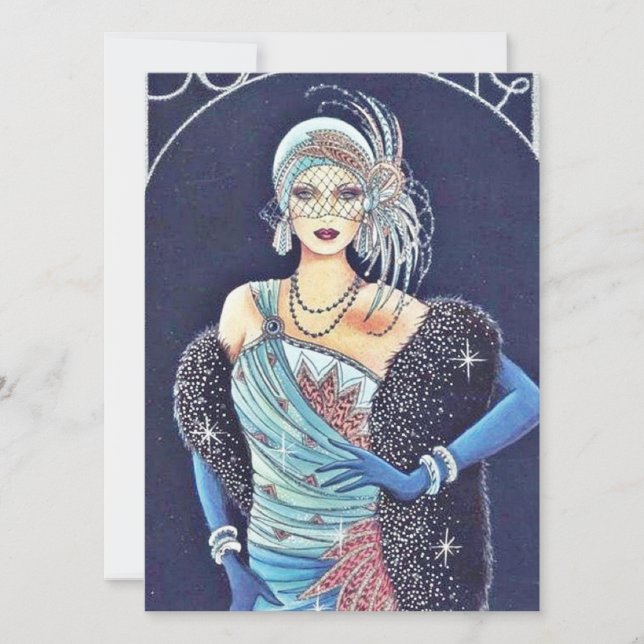 Vintage Art Deco Woman Blue Christmas Holiday Card (Front)