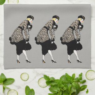 Vintage Art Deco Woman in Leopard Print Jacket Kitchen Towel