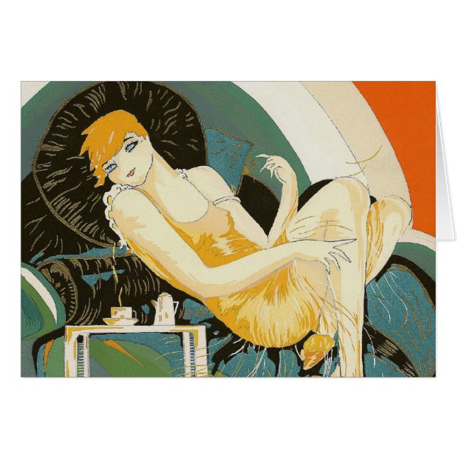 Vintage Art Deco Woman Reclining on Couch, Chompre (Front Horizontal)