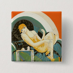 Vintage Art Deco Woman Reclining on Couch, Chompre 2 Inch Square Button