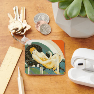 Vintage Art Deco Woman Reclining on Couch, Chompre Keychain