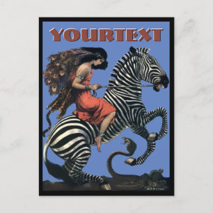 Vintage Art Deco Woman Riding On A Zebra Postcard