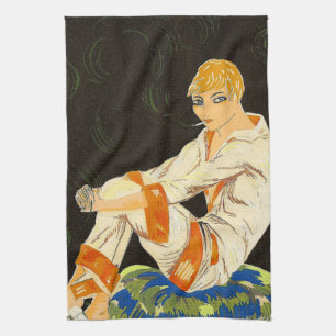 Vintage Art Deco Woman, Smoking by S. Chompre Kitchen Towel