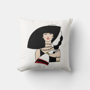 Vintage Art Deco Woman Wearing Hat Gloves Colour Throw Pillow