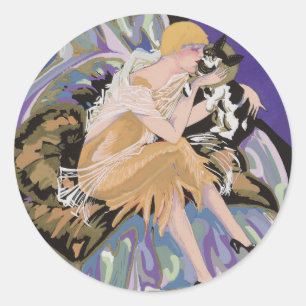 Vintage Art Deco Woman with Cat by S. Chompre Classic Round Sticker