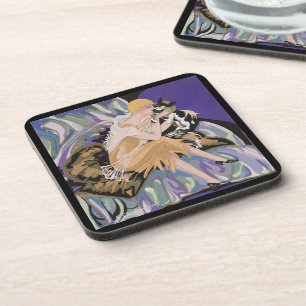 Vintage Art Deco Woman with Cat by S. Chompre Coaster