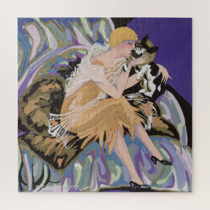 Vintage Art Deco Woman with Cat by S. Chompre Jigsaw Puzzle
