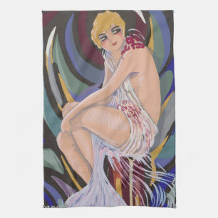 Vintage Art Deco Woman with Drapes by S. Chompre Kitchen Towel