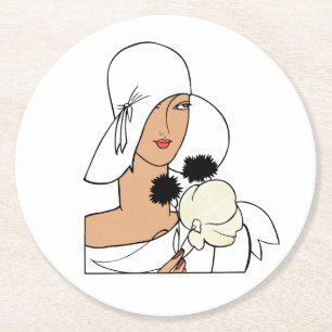 Vintage Art Deco Woman with Flowers Wearing Hat C Round Paper Coaster