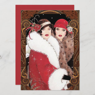 Vintage Art Deco Women Christmas Red Gold Holiday Card