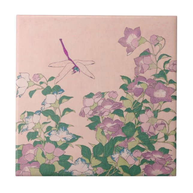 Vintage Art Dragonfly and Flowers Painting Tile (Front)