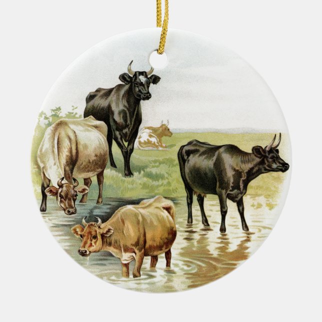 Vintage Art Farm Animals Cows Ceramic Ornament (Front)