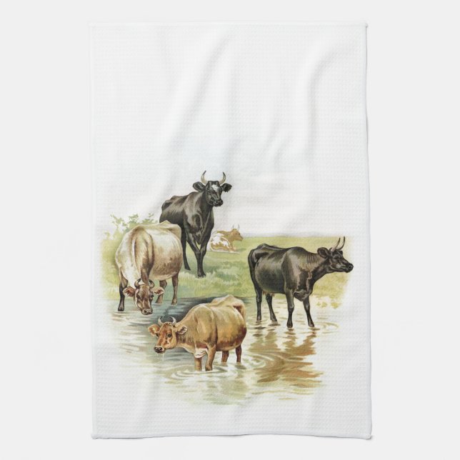 Vintage Art Farm Animals Cows Kitchen Towel (Vertical)