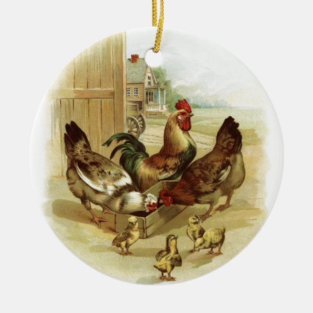 Vintage Art Farm Chickens Ceramic Ornament (Front)
