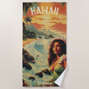 Vintage Art Hawaii Beach Hawaiian Girl Towel