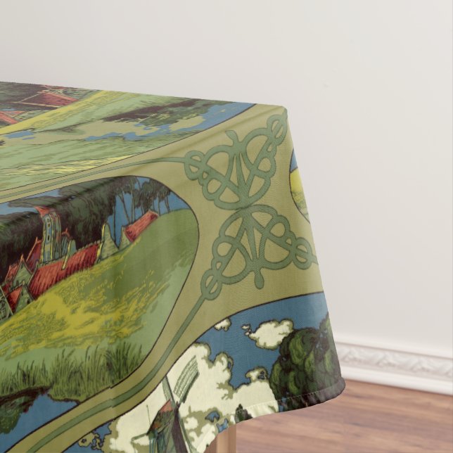 Vintage Art Nouveau 1900 Dutch Windmill Pattern Tablecloth (In Situ)