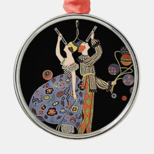 Vintage Art Nouveau Art Deco Holiday Party Metal Ornament