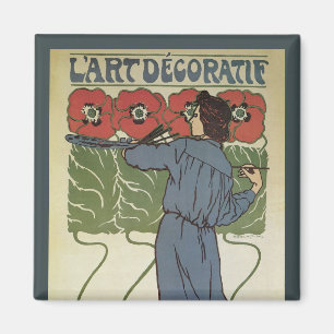 Vintage Art Nouveau, Artist Painting Poppy Flowers Magnet