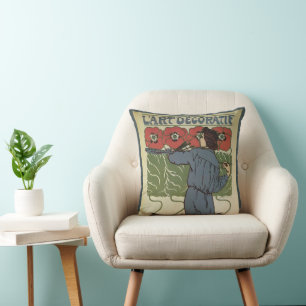 Vintage Art Nouveau, Artist Painting Poppy Flowers Throw Pillow