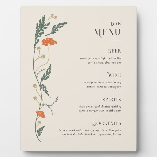 Vintage Art Nouveau Bar Menu Sign Plaque (Front)