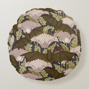 Vintage Art Nouveau Bat and Poppy Floral Pattern Round Pillow