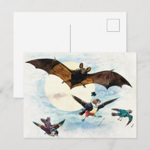 Vintage Art Nouveau Bat & Dressed Birds Moonlight Postcard
